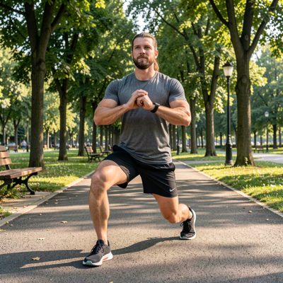 fitness enthusiast doing lunges on outdoor park path