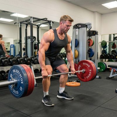 weightlifter preparing barbell in clean weightroom area