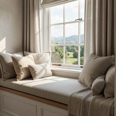 a window seat with cushions and a view