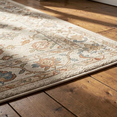a rug on a wooden floor in soft light
