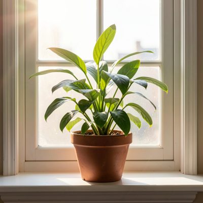 a plant on a windowsill with light behind