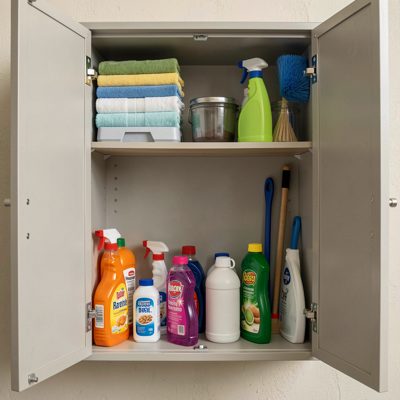 a utility cupboard with cleaning supplies
