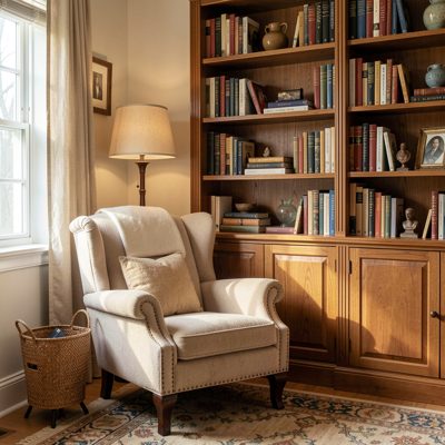 a home library corner with a reading chair