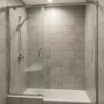 a bathroom with a shower screen and tiles