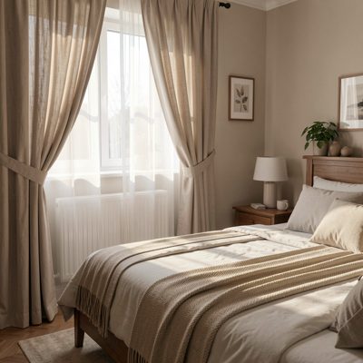 a bedroom with curtains half drawn