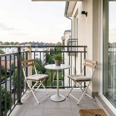 a small balcony with two chairs and a table