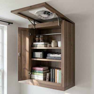 a home rack cabinet with a ventilation fan in the roof