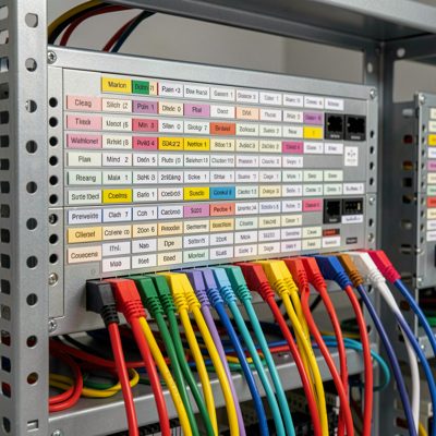 a rack with a labelled patch panel and colour coded leads