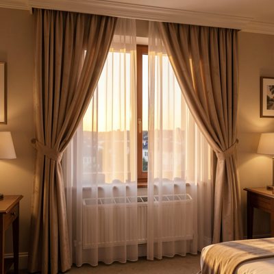 a hotel window with curtains drawn back at dawn