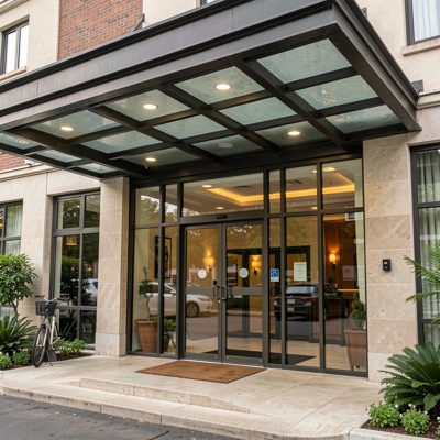 a hotel entrance with a canopy and glass doors