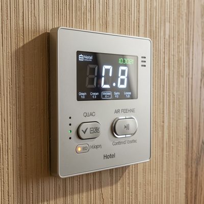 an air conditioning control panel on a hotel wall
