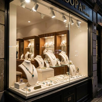 a jewelry shop window at night