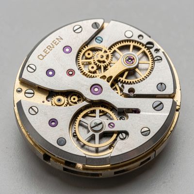 a watch movement with tiny gears exposed
