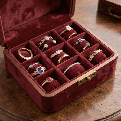 a jewelry box lined with velvet compartments