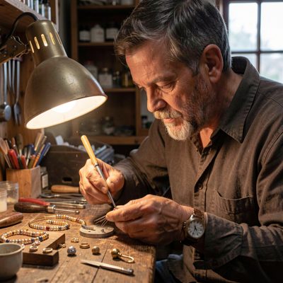 a jeweller inspecting a repair under a lamp