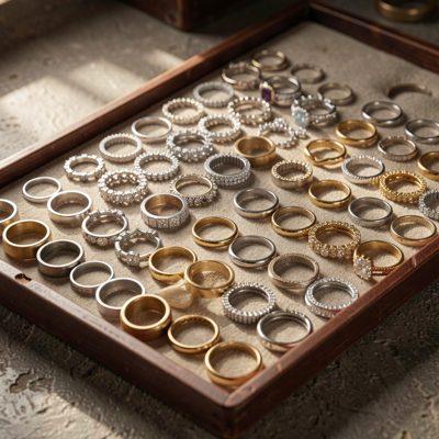 a tray of rings arranged in rows