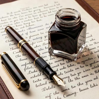 a fountain pen and inkwell on legal paper