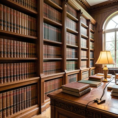 a legal library with leather bound volumes