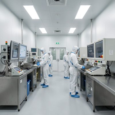 a cleanroom with workers in coveralls
