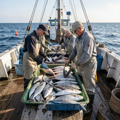a trawler deck with crew sorting the catch