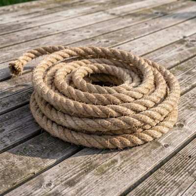 a rope coiled neatly on a wooden deck