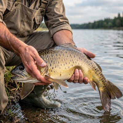 a fisherman's hands holding a large fish