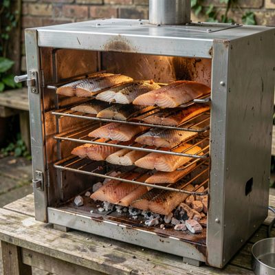 a fish smoker with racks of fillets