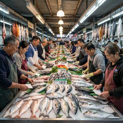 a fish market auction with buyers gathered