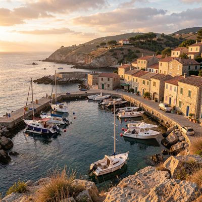 a coastal village harbour in evening light