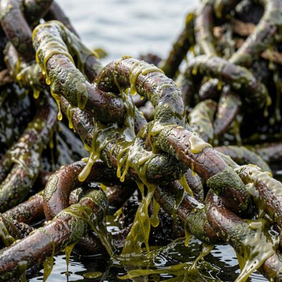 a seaweed covered mooring chain