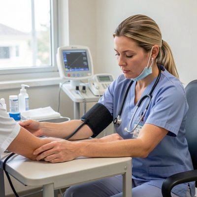 a nurse taking a blood pressure reading