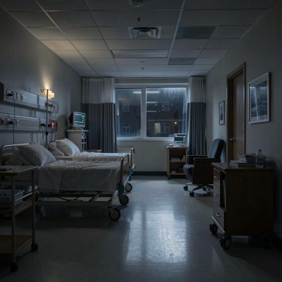 a hospital ward at night with low lighting