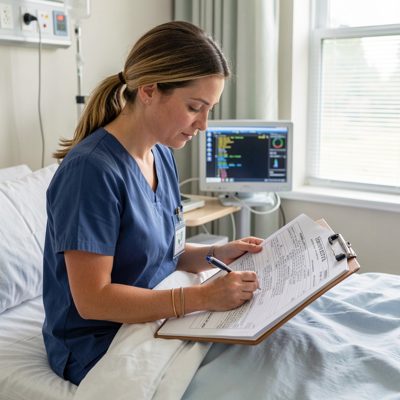 a nurse checking a chart at a bedside