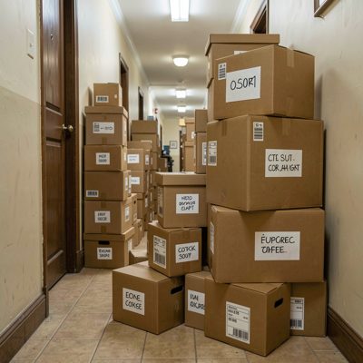 cardboard boxes stacked and labelled in a hallway