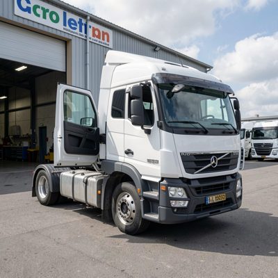 a lorry cab with the door open at a depot
