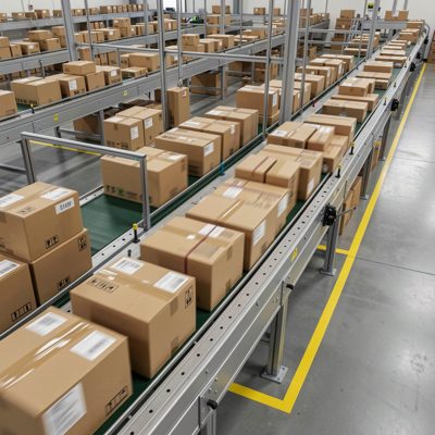 a parcel sorting belt with packages moving