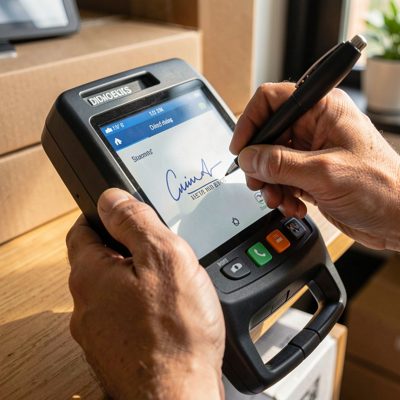 a signature being taken on a delivery device
