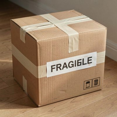 a box marked fragile with tape across it