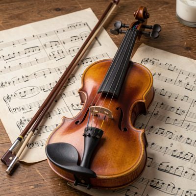 a violin and bow on sheet music