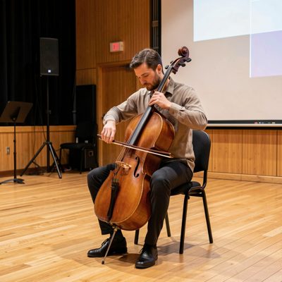a cellist rehearsing alone in a rehearsal room
