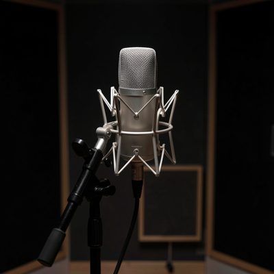 a microphone on a stand in a dark recording booth