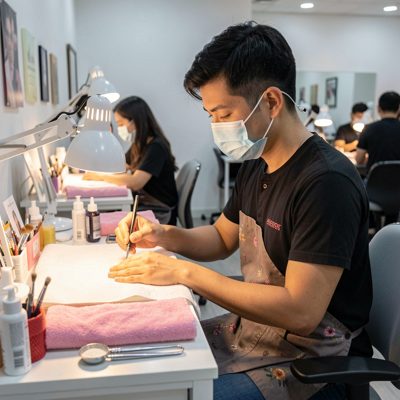 a technician wearing a mask at a manicure station