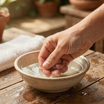 a hand soaking in a small bowl of warm water