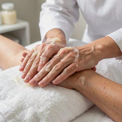 a paraffin wax treatment on a pair of hands