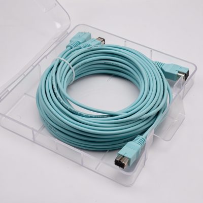 aqua coloured om3 multimode fibre patch cords in a tray