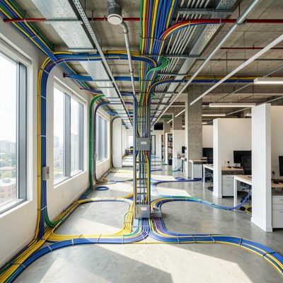 wide shot of completed office cabling system daytime illumination