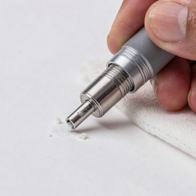 fiber cleaning pen wiping residue from ferrule surface detail shot
