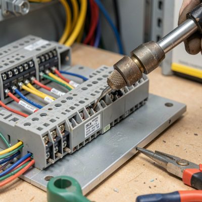 a punchdown block being terminated with an impact tool