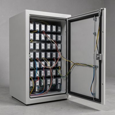 a fibre enclosure door open showing spliced cassettes