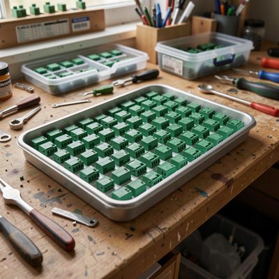 a tray of green apc fibre connectors on a workbench